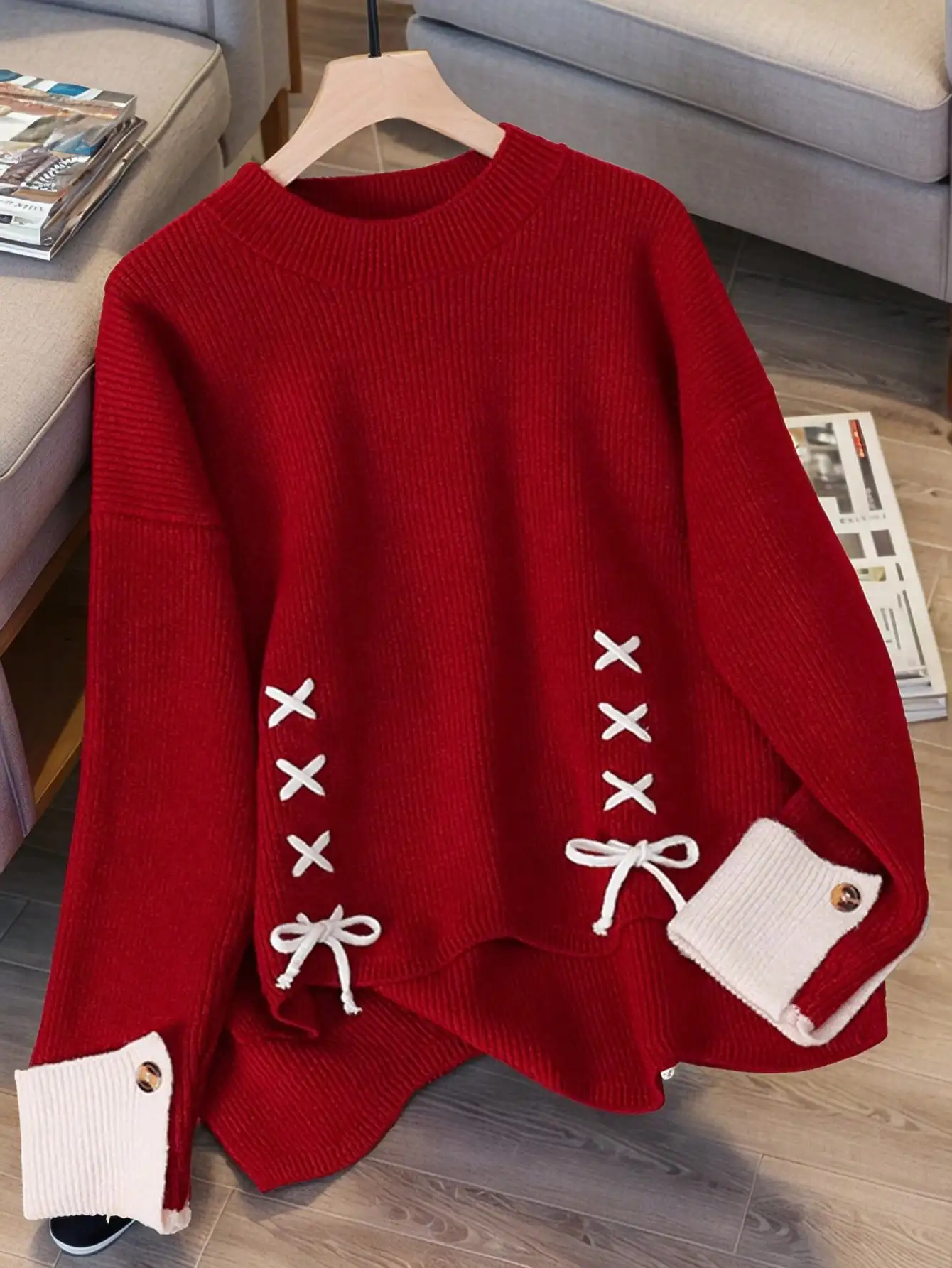 

Красный вязаный пуловер с кружевными вставками для женщин, свободный крой, круглый вырез, длинные рукава, повседневный свитер с бантом