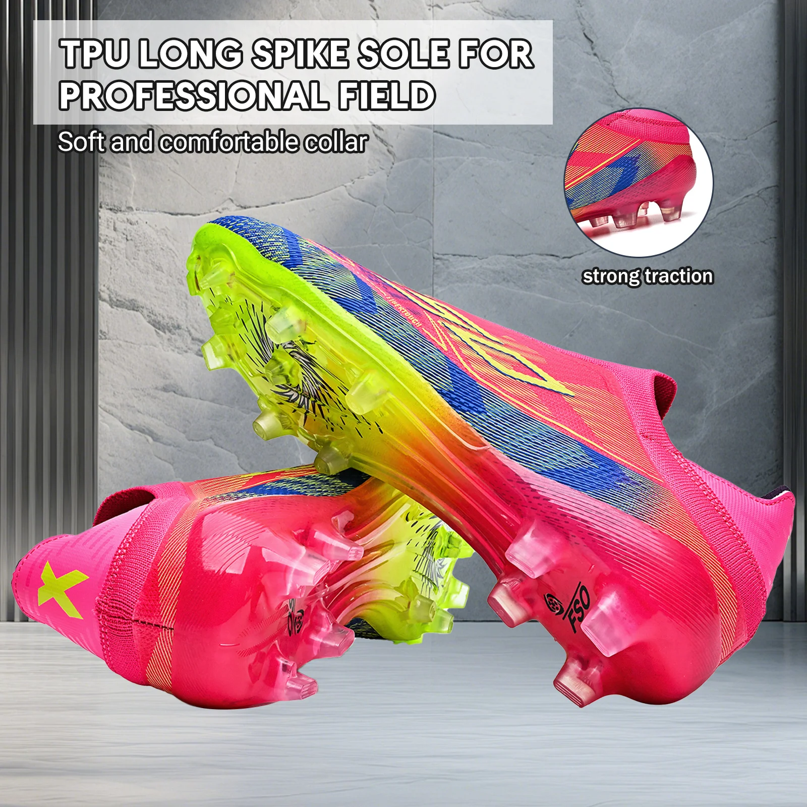 Botas de fútbol AG/FG para todo tipo de césped, parte superior resistente al desgaste de tela PU, suela con tacos largos de TPU, zapatillas de entrenamiento unisex para niños