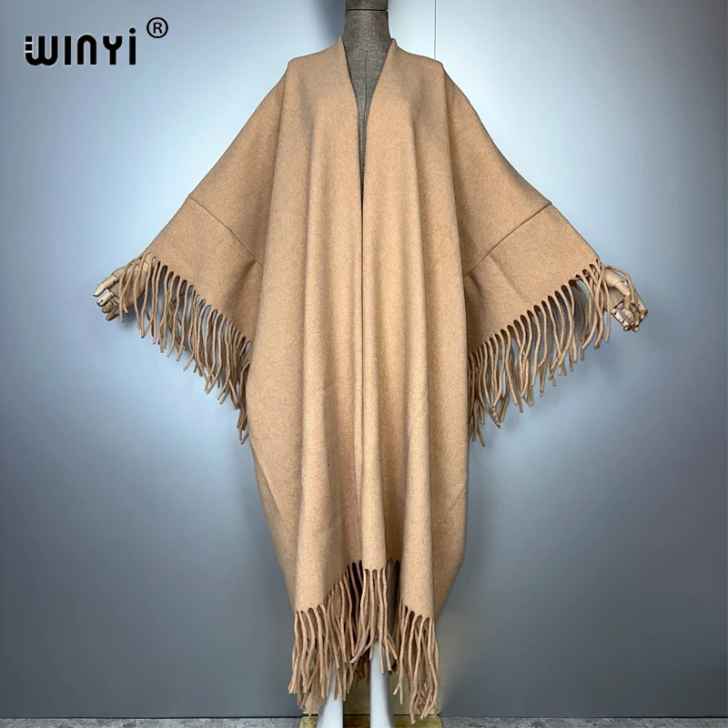 WINYI Pure Colour Winter Fringed Cardigan Abaya Dubai Luxury Coat Overcoat Thick Warm Female Winter Outerwears Long Down Dress