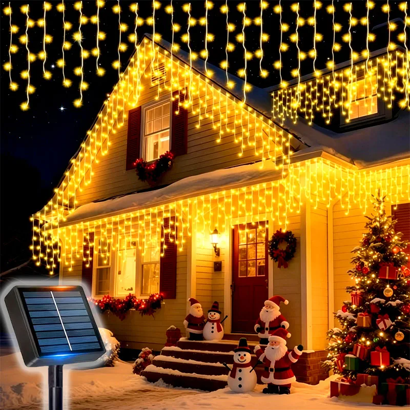 Solar Curtain Icicle Light 3.5M Eaves Decor Outdoor Fairy String Lights Wedding Party Christmas Stair Decor Garden Garlands
