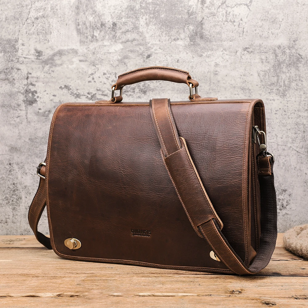 Vintage Genuine Leather Men Briefcase for Business Portfolio Document Laptop 15.4 inch Suitcase Men\'s Shoulder Messenger Bag