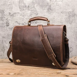 Vintage Genuine Leather Men Briefcase for Business Portfolio Document Laptop 15.4 inch Suitcase Men's Shoulder Messenger Bag