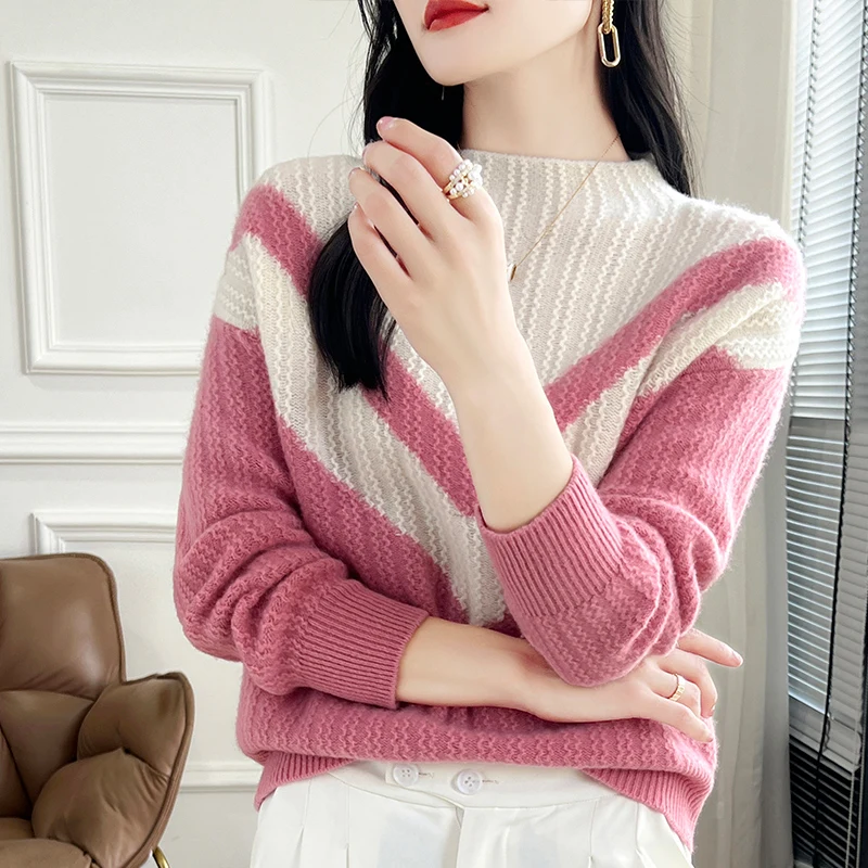 Autumn and Winter New 100% Wool Sweater Women's Casual Color blocked Pullover Loose Knitted Fashionable Soft Cashmere Sweater