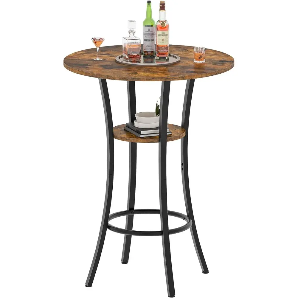 

Round Bar Table, 2-Tier High Top & Counter Height Dining Table, or Bistro, Pub, Kitchen, Living Room, Rustic Brown and Black TBT