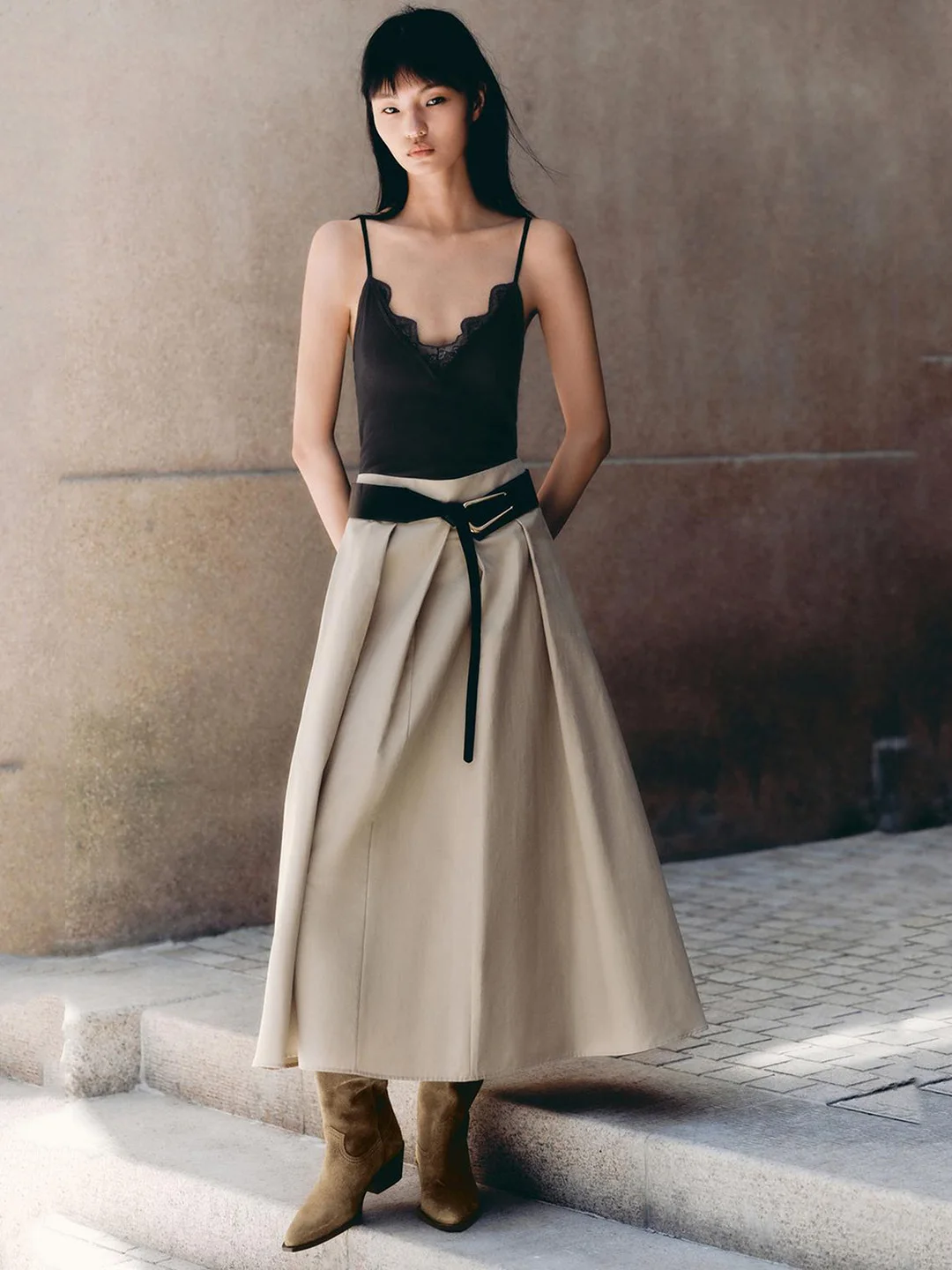 

Юбка трапециевидной формы с высокой талией и поясом, дизайн Ne, повседневная хлопковая юбка для женщин, весна, лето, осень