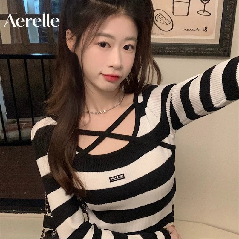 Women Unique Cross Square Neck Long Sleeve Knitwear Retro Slim Fit Sweater Elegant Inner Basic Top