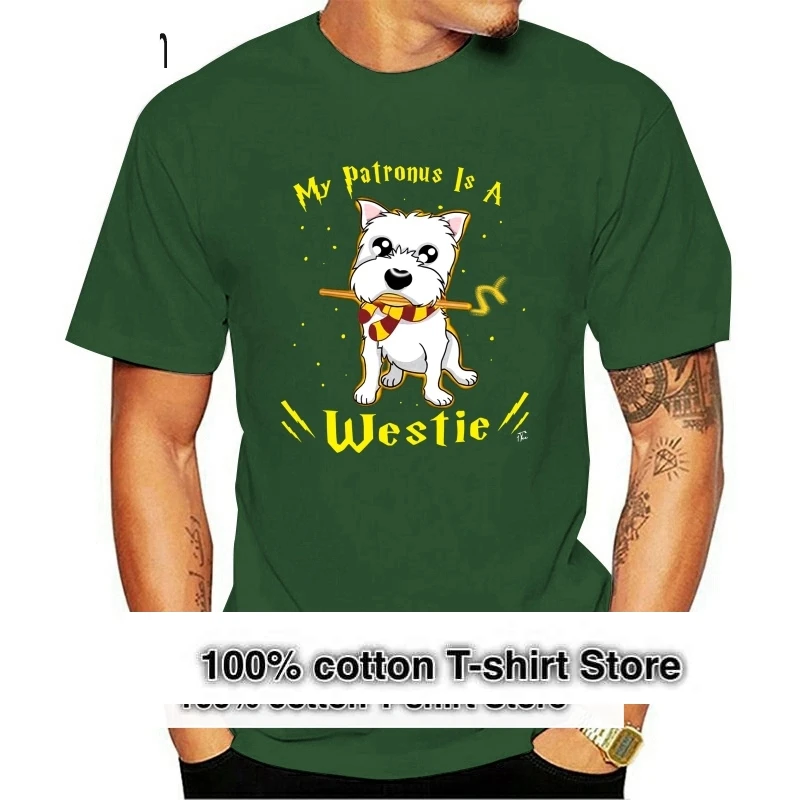 Mens My Patronus Is A Westie Dog T-Shirt Tops Tee Shirt gift funny Cotton