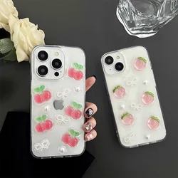 3D cherry peach glitter pearl mobile phone case for iPhone 17 Pro 16 15 Pro max 14 13 12 tie fresh ins style women's style case