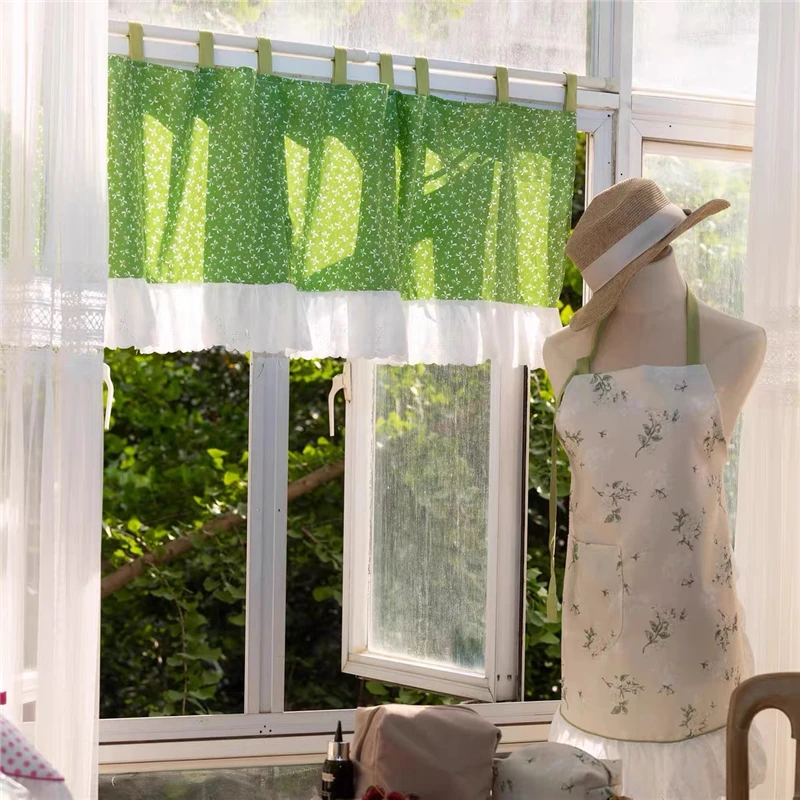 Korea Pastoral Bows Half Curtains for Kitchen American Vintage Green Lace Short Curtains Strap Curtain #A700