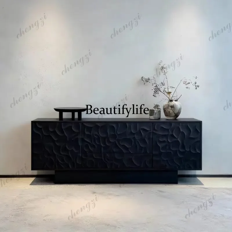 P37 Medieval style designer solid wood black pattern dining side cabinet wabi sandy style retro carved locker