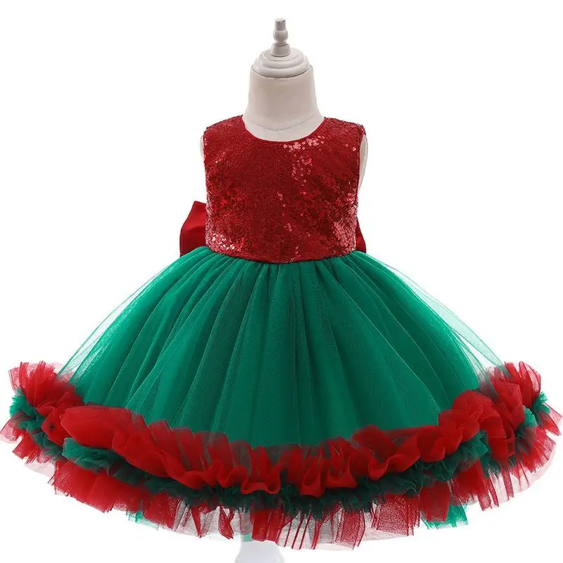 European and American children\'s dress Christmas style with bow and sequin green dress red fluffy performance dress baby Christm