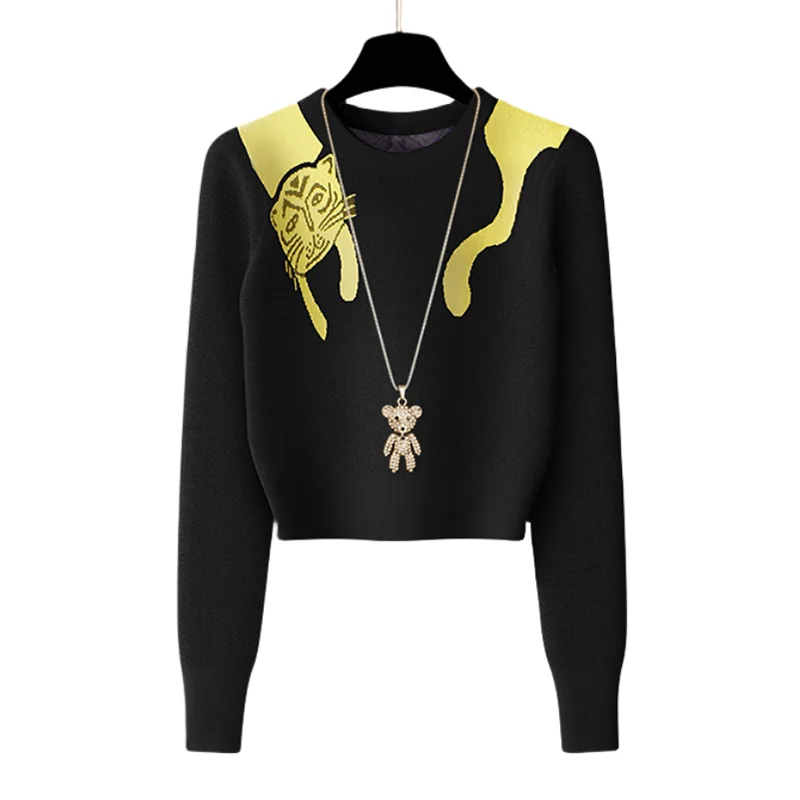 

Повседневный свитер с милым котом, женский весенне-осенний свитер с круглым вырезом и длинными рукавами, черные вязаные топы, пуловеры, джемперы