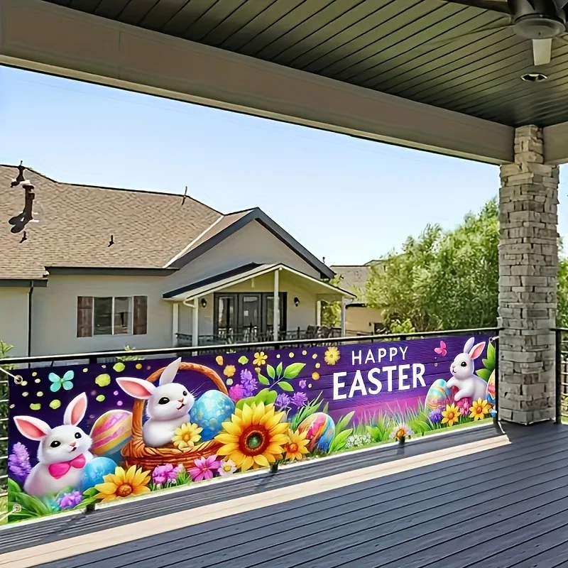 VIKAMA Easter Happy Banner Colorful Rabbits, Carrots and Easter Eggs Family Garden Celebration Festival Decoration Home Decor