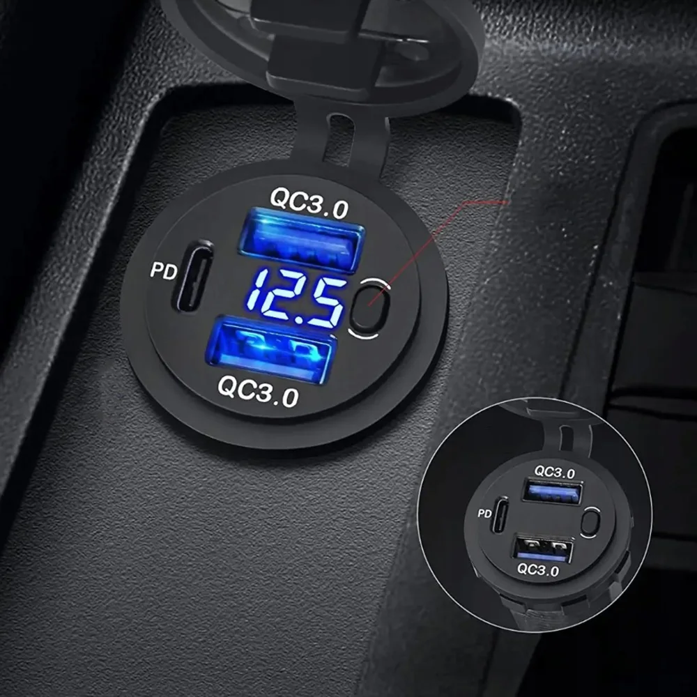 12V USB-Steckdose mit Dual-USB Quick Charge 3.0 Anschluss & PD USB-C Autoladegerät mit Voltmeter und Schalter für Auto, Boot, Marine, LKW – Detail 5