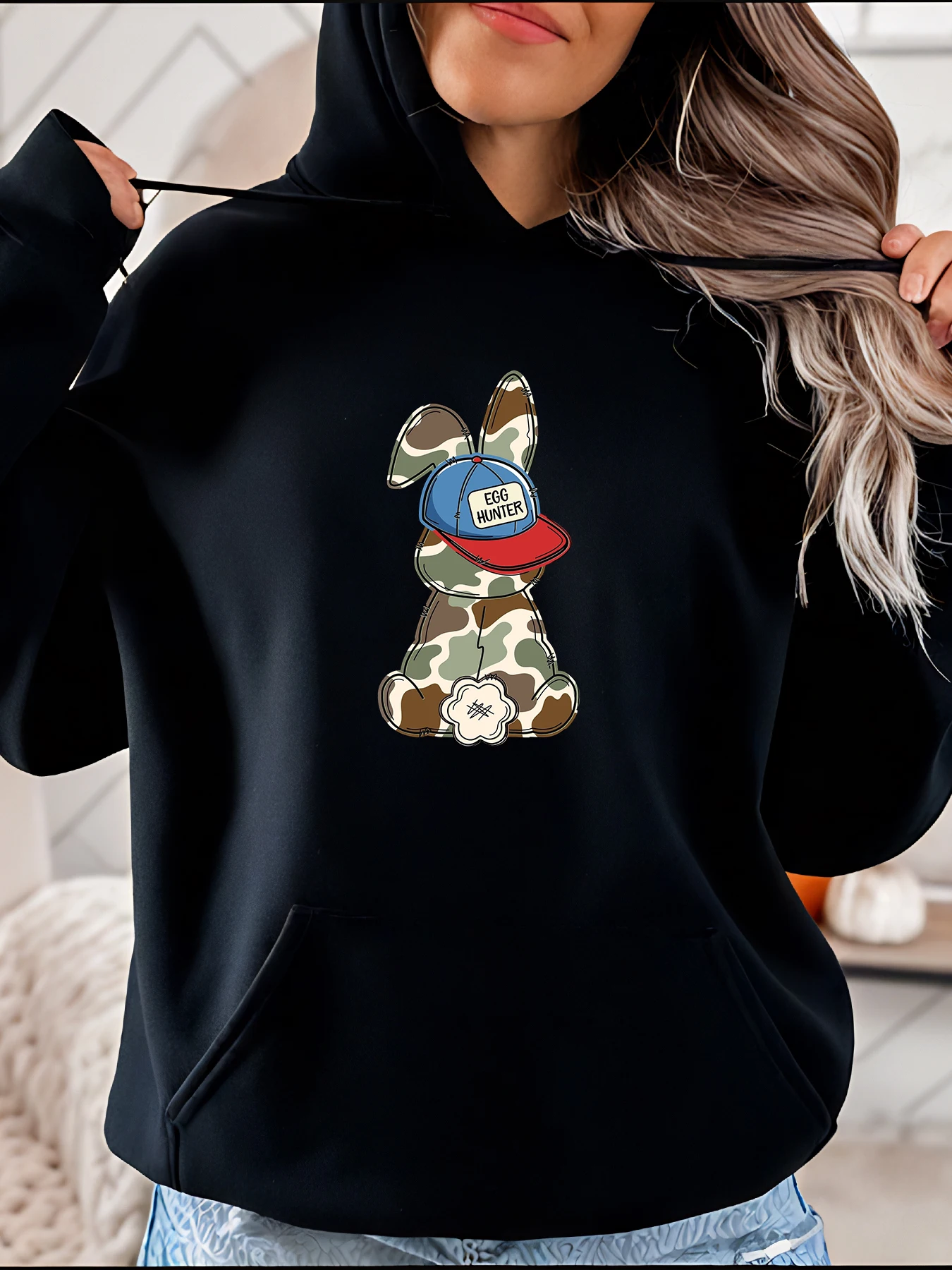 Felpa con cappuccio con stampa coniglietto mimetico Stile streetwear casual con berretto da cacciatore di uova e targhetta con nome Completo da donna primavera autunno
