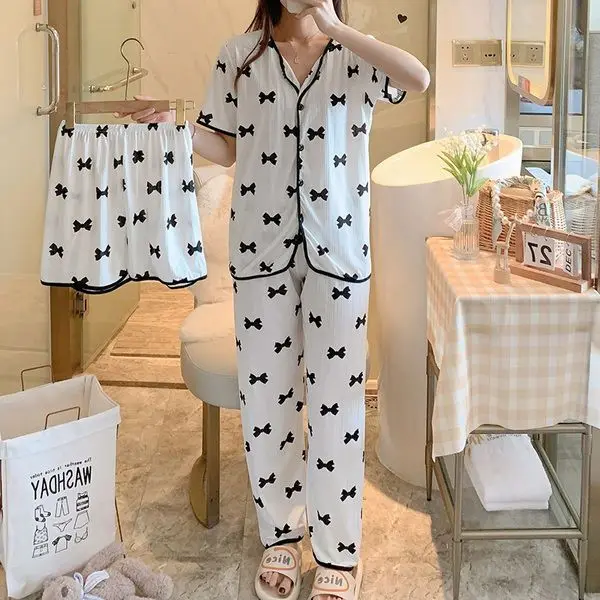 New Cartoon Pajamas Set Women Long Pants Short Sleeved Summer Spring Loungewear Female 3 PCS Home Clothing Sweet Girls Sleepwear