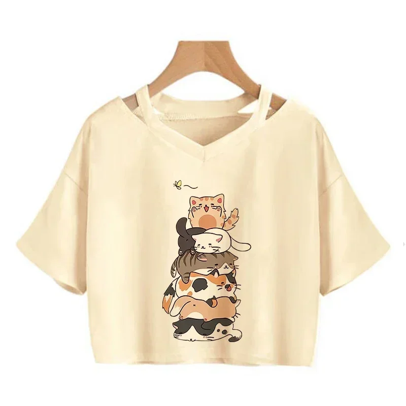 Cropped Aesthetic Y2k 90s Funny Cute Cat T Shirt Women Crop Top Shirt Harajuku Graphic Ulzzang T-shirt 90s Tshirt Top Tee Female