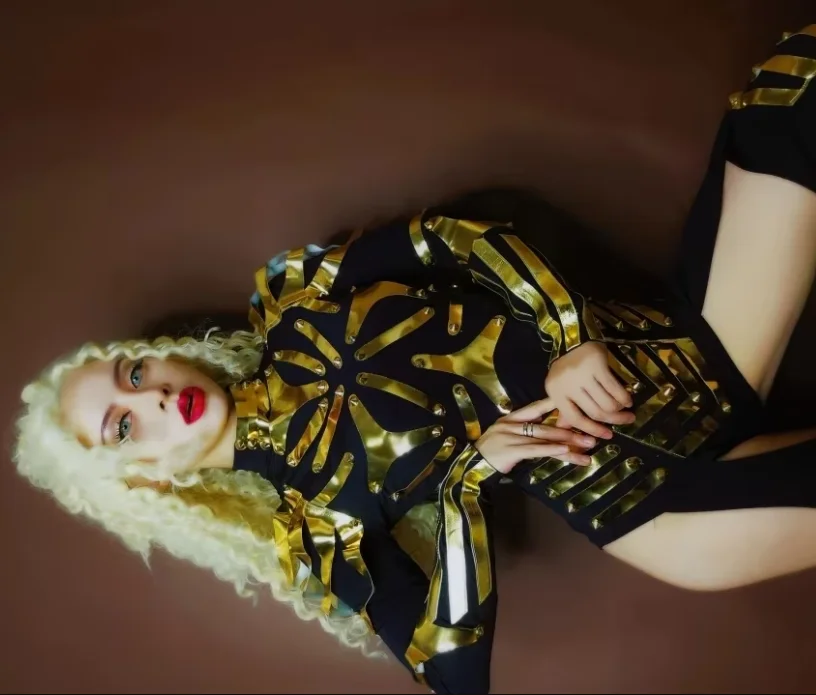 

Nightclub Dancer Team Show Stage Wear Sexy Gold Mirror Armor Jumpsuit Women Warrior Performance Clothes Cosplay Costume