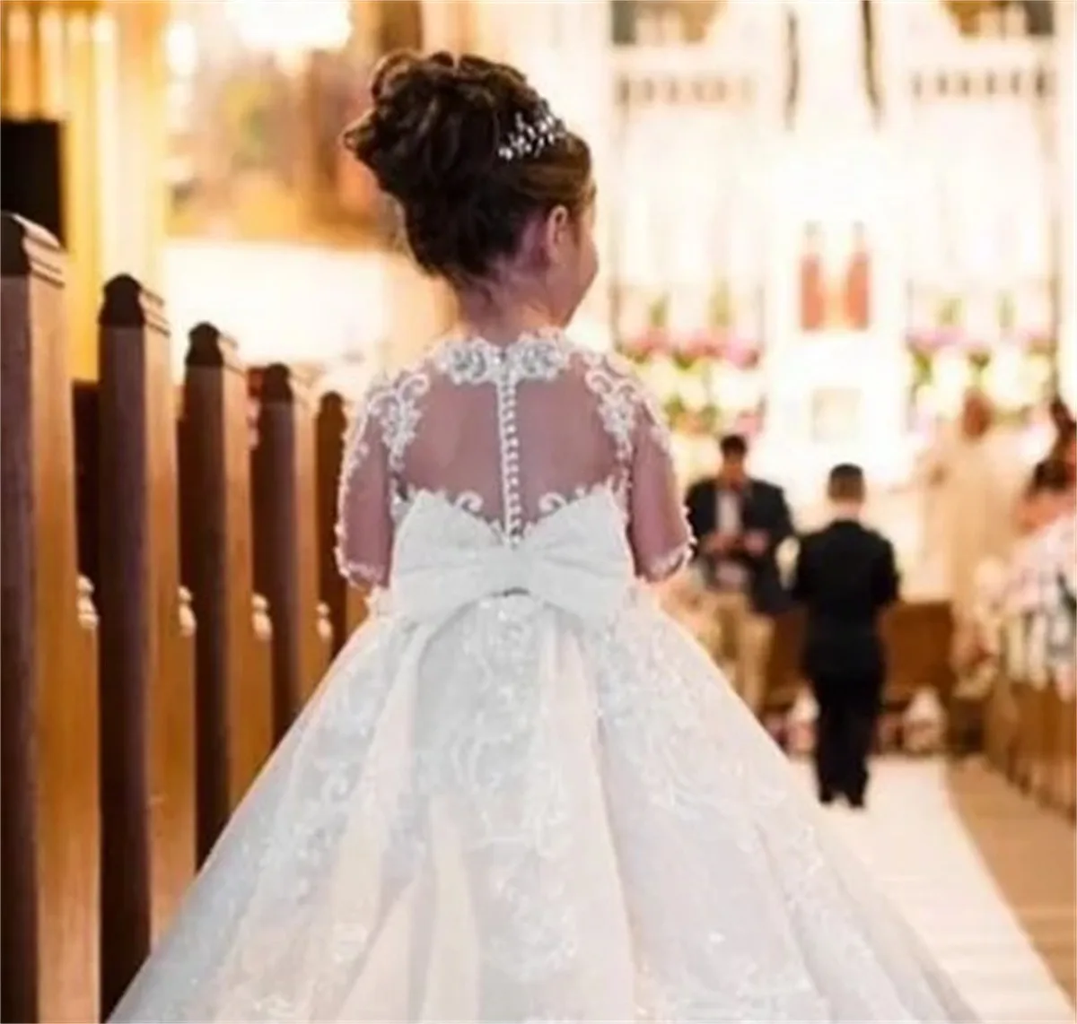 Robe de fille de fleur de luxe dentelle blanche moelleux étincelle mariage élégant fleur enfant première eucharistie fête d'anniversaire robe de princesse