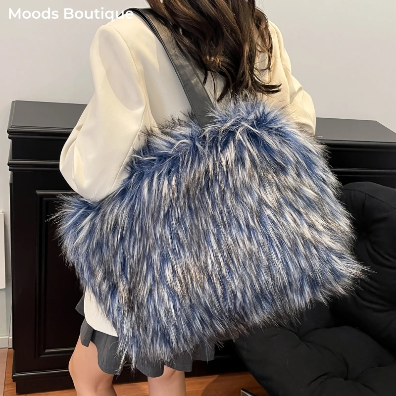 

MOODS Soft Plush Tote Bags For Women Winter Warm Faux Fur Big Capacity Shoulder Shopper Bag 2025 Luxury Designer Evening Handbag