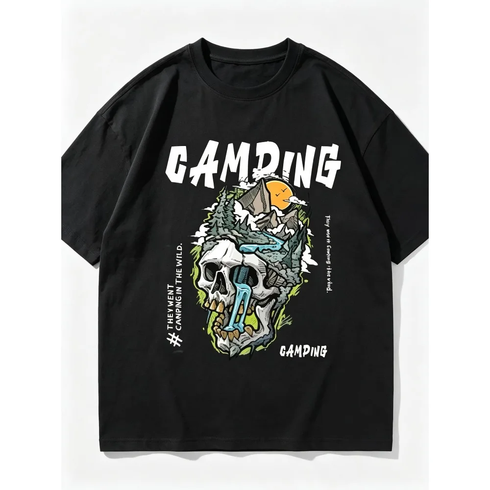 2026 New Men Casual Short Sleeve T-shirt Wild Camping Theme Skull Art Graphic Mountain River Sunset Illustration
