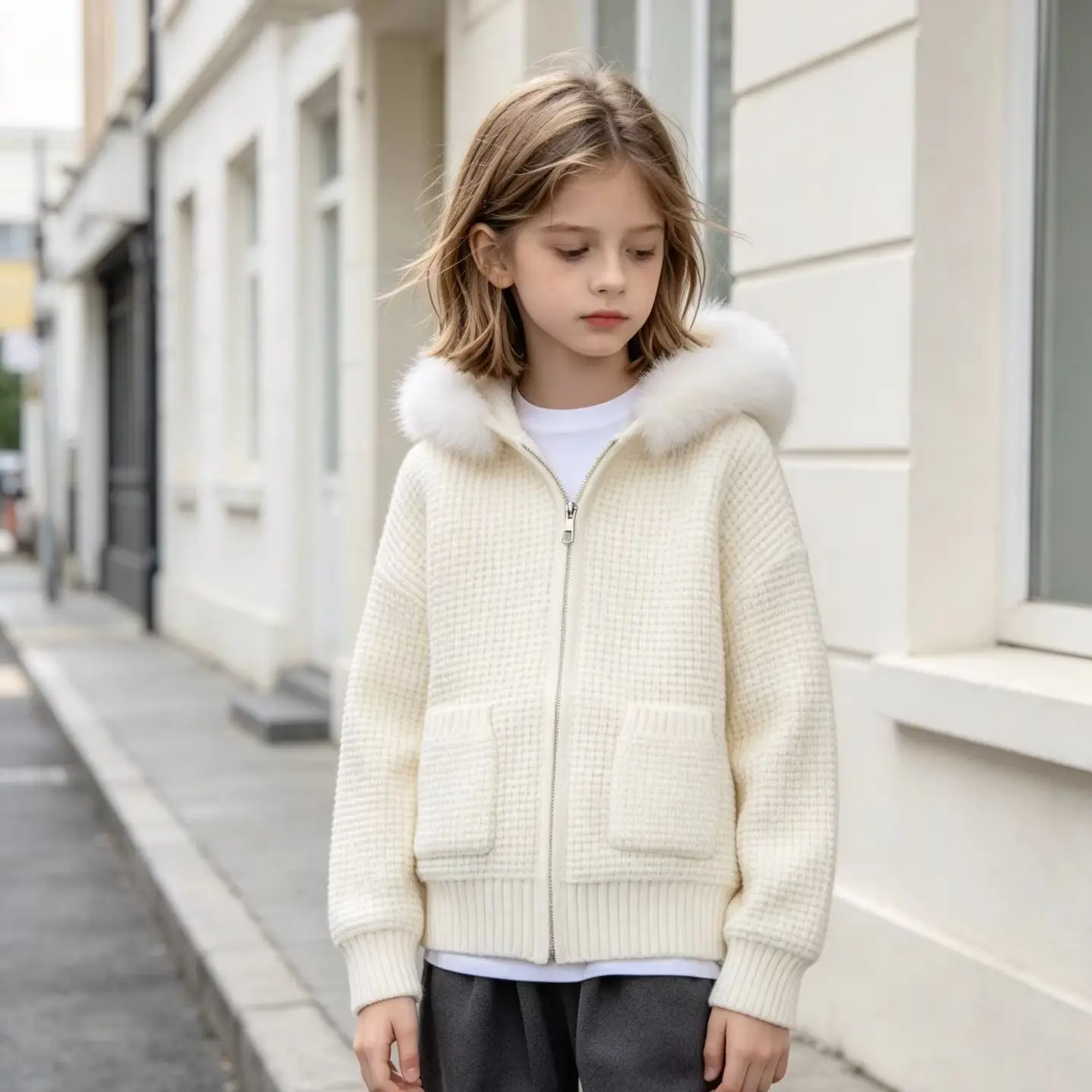 Teen Girls Hooded Knit Cardigan Autumn Winter Faux Fur Collar Waffle Knit Zipper Sweater Coat with Pockets Kids Warm Outerwear