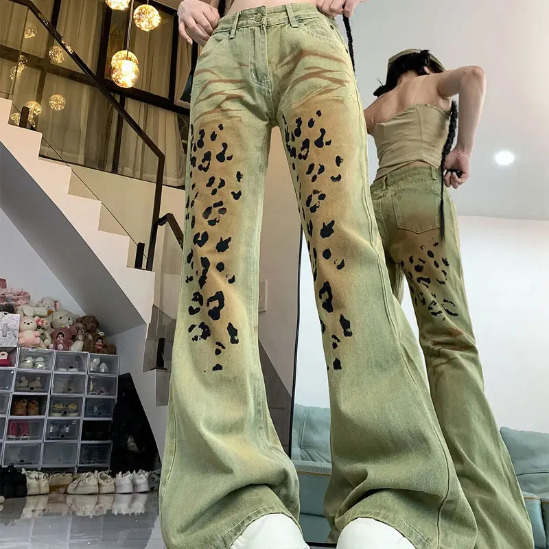 High Street Leopard Printed Bootcut Trousers Hotsweet Female Clothing American Stylish Distressed High Waist Button Slim Jeans
