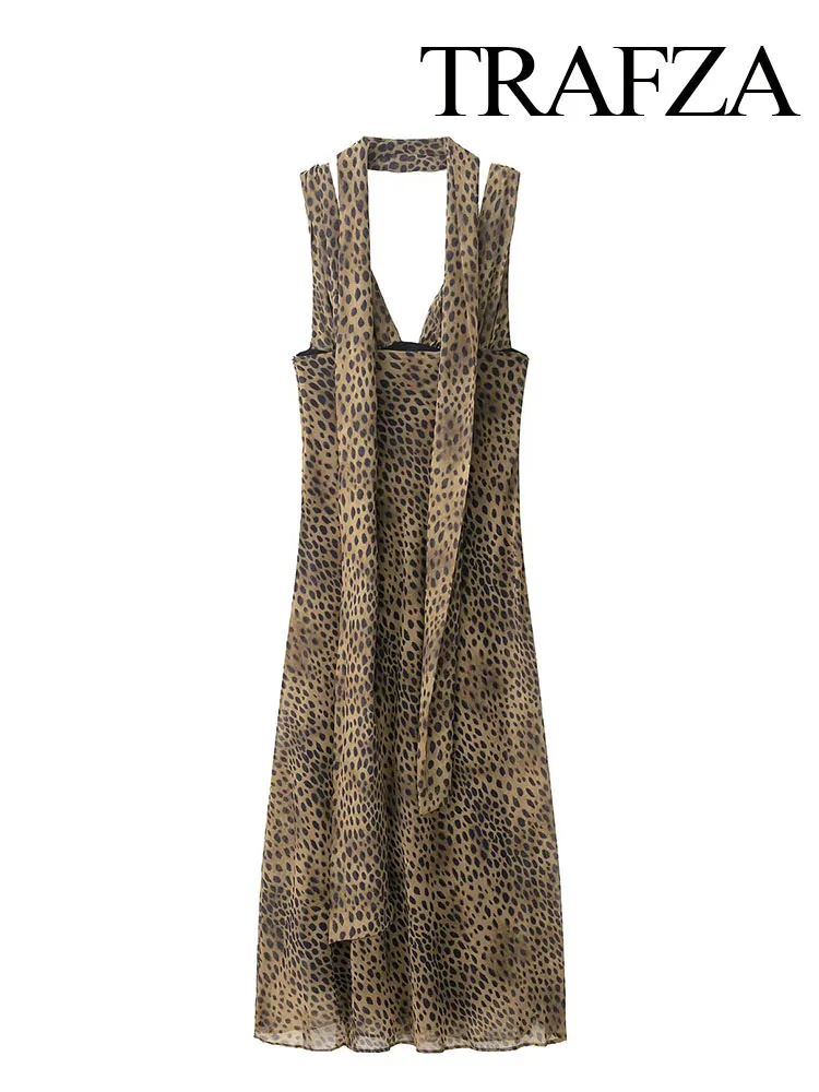 

HH 2025 Woman Elegant Sleeveless Dresses Sexy Silm Long Dress Fashion Women Leopard Print Scarf Collar Zipper Party Dress