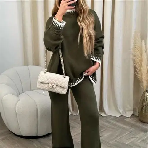 

New 2023 Women's Casual Loose Fitting Two-Piece Set Seven-Foot Pants Ne f Zipper Polyester Fabric Faion Set