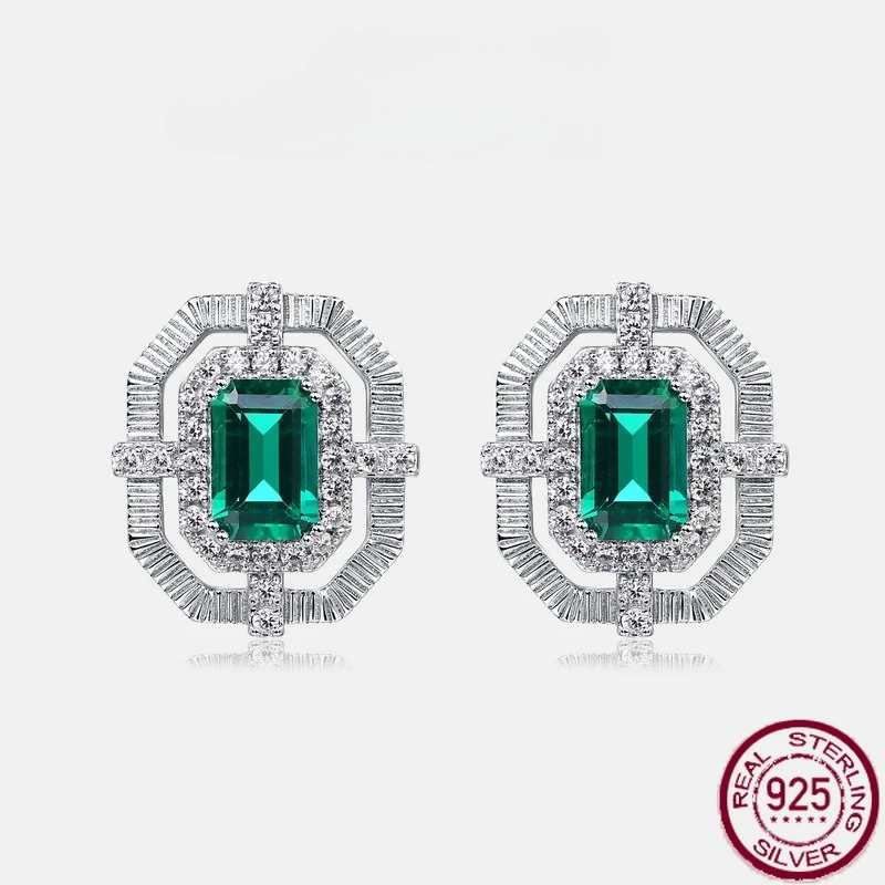 

New S925 pure silver brushed craftsmanship fashionable inlaid octagonal cultivation emerald retro ear buckle wedding jewelry