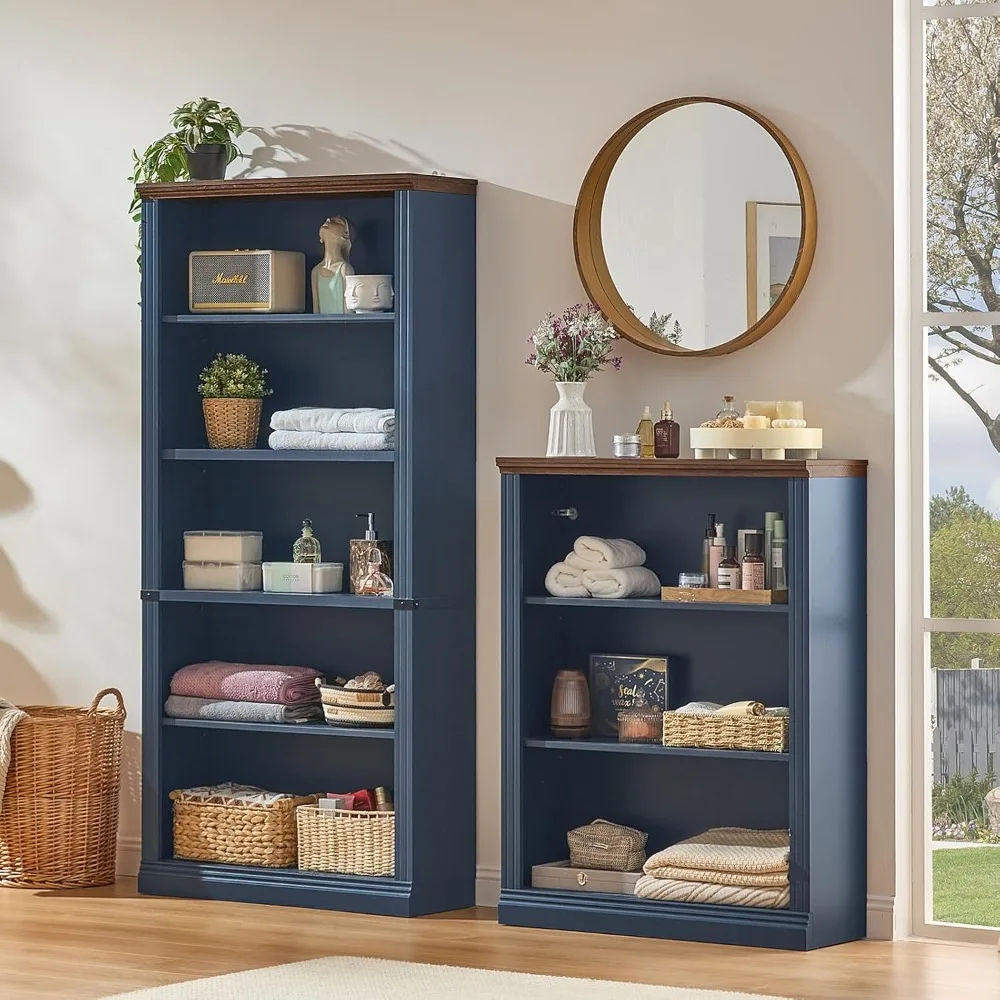 43 رف كتب أزرق طويل، رف كتب خشبي سميك من 3 طبقات مع أرفف قابلة للتعديل، خزانة كتب للمزرعة قائمة بذاتها مع شاشة مفتوحة