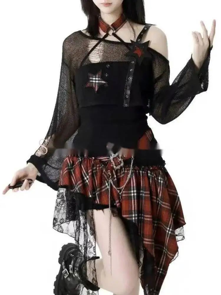 

Готическая горячая девушка, американская мода, комплект из 2 предметов, женская черная блузка + шикарное платье нестандартной формы, новый тонкий винтажный костюм Pure Desire