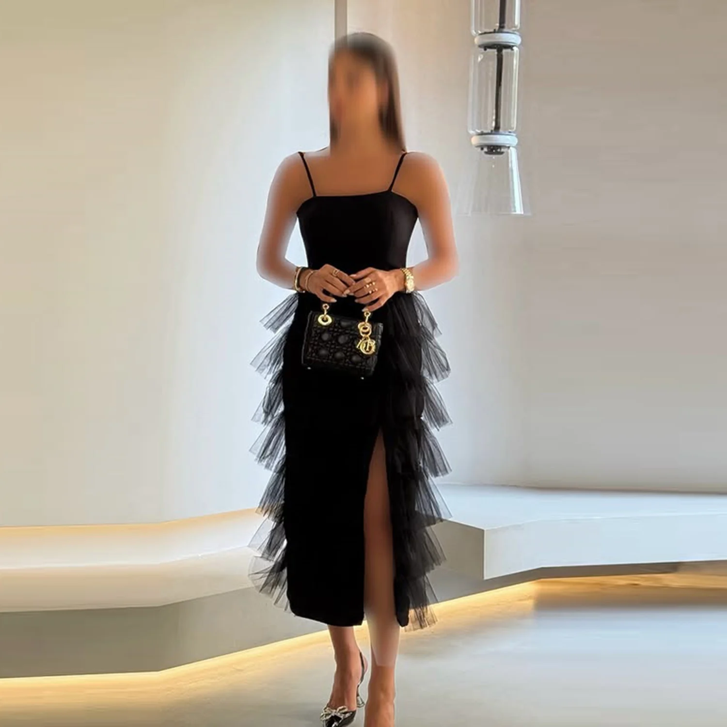 Vestido de fiesta con gradas de espagueti negro, vestidos de noche sexys de satén y tul con abertura alta, vestido de fiesta de cóctel para niñas