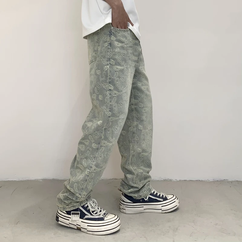 American Style Washed Patchwork Jeans, Trendy Men'S Loose Fitting Straight Leg Men'S Fashionable Denim Pants