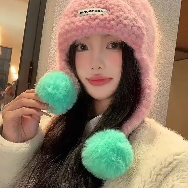 Colorful Block Earflap Hat Dopamine Knitted Lei Feng Hat Women Girl Winter Warm Beanie Windproof Cap Outdoors Cycling Fleece Cap