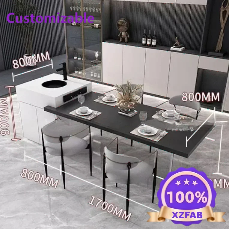 Factory Direct 2026 Medieval rock slab dining table retractable multi-functional island tabledining side cabinet integrated bar