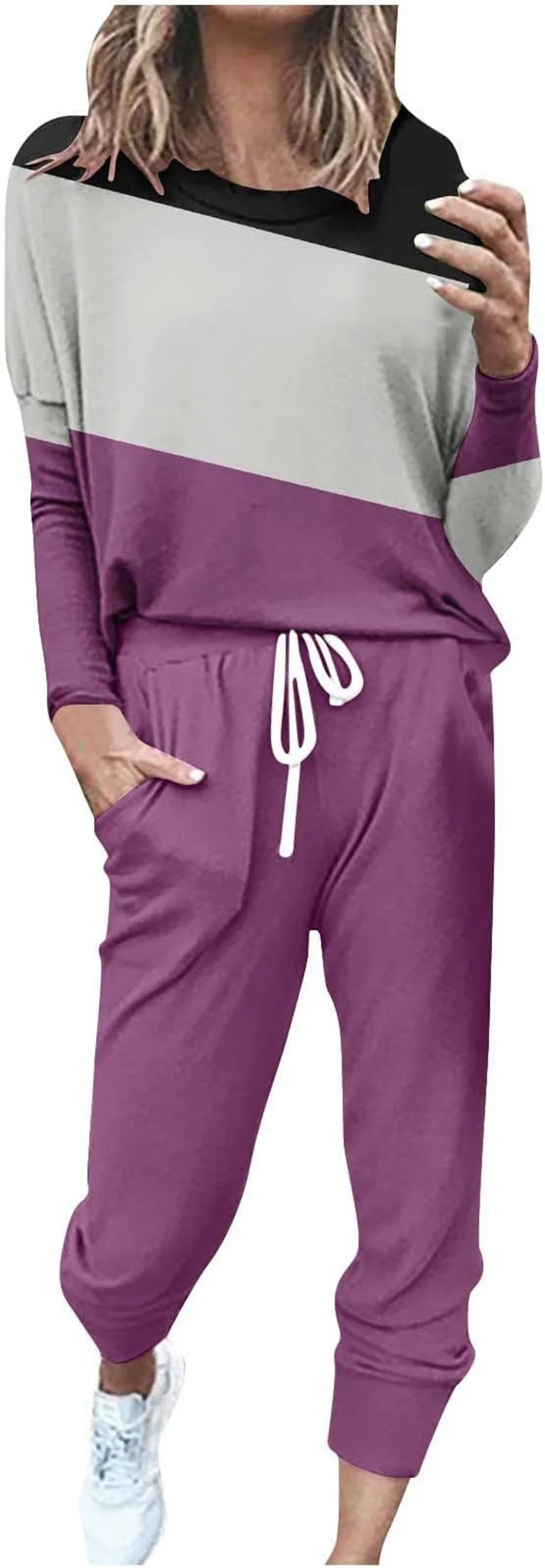 Color Block Long Sleeve Top Drawstring Jogger Pants Two Piece Lounge Set
