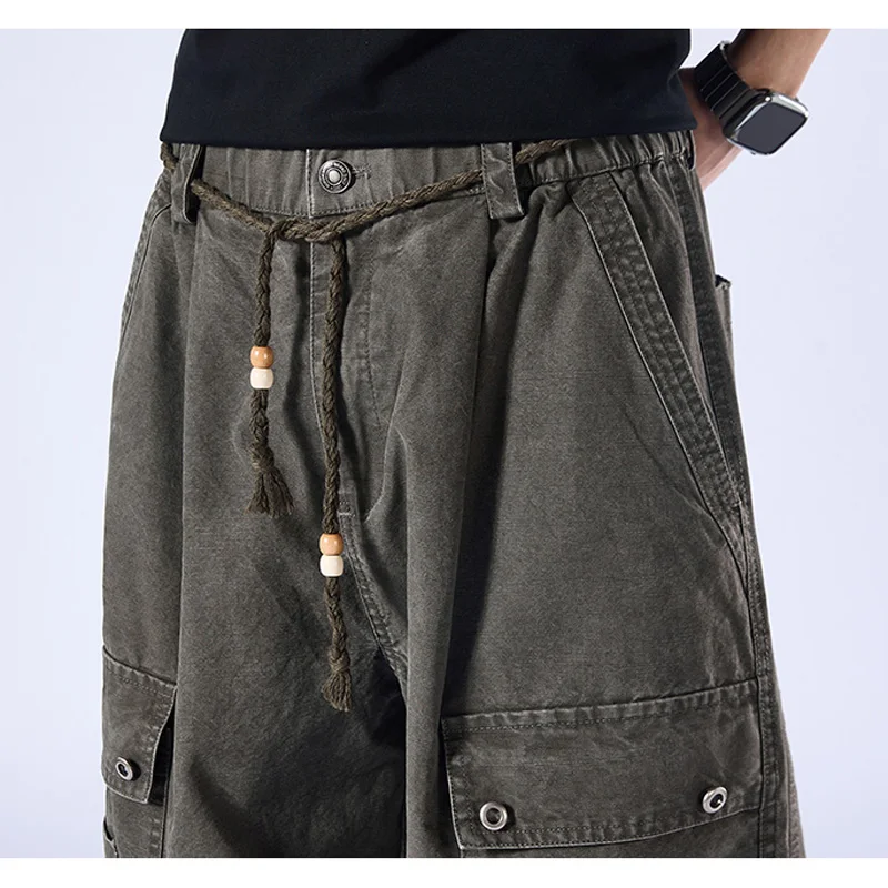 Men Japanese Streetwear Fashion Loose Casual Pure Cotton Camouflage Ripped Cargo Pants Trousers Cityboy Wide Leg Baggy Trousers