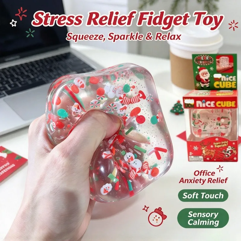 Christmas Nice Cube Squishy Fidget Toy, Stress Relief Anti-Anxiety Sensory Toy, Xmas Holiday Party Gift
