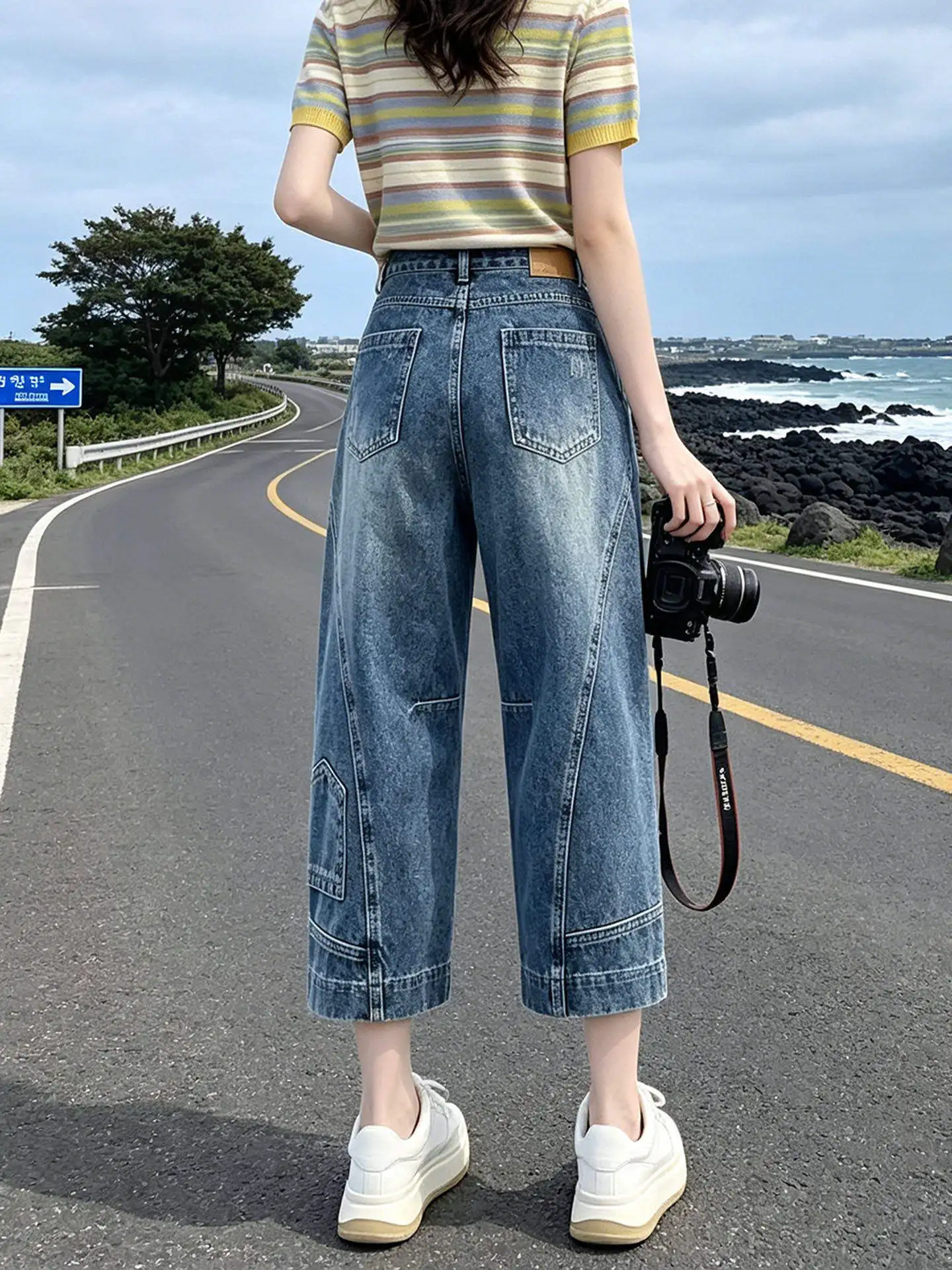 Women Spring Summer High Waist Straight Curved Leg Jeans Loose Wide Leg Cropped Pants Figure Flattering Denim Trousers
