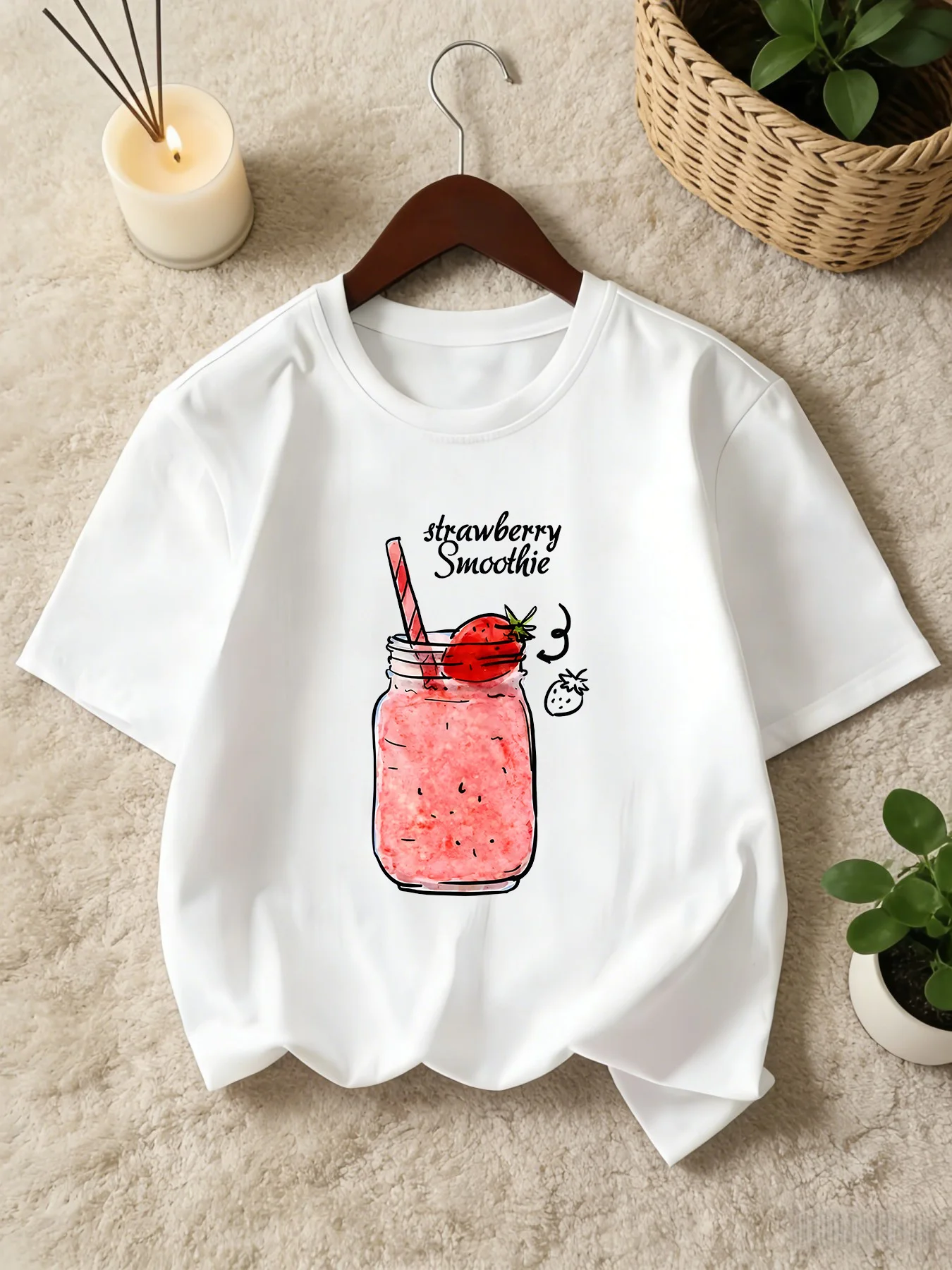 Strawberry Smoothie Jar Print Kid T Shirt Boy Girl Family Matching Tee Soft Cotton Short Sleeve Children Sweet Daily Casual Wear