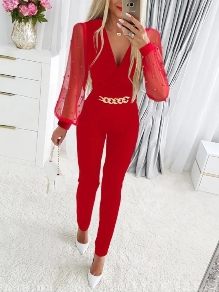 2024 Sexy Deep V-neck Mesh Long Sleeve Jumpsuit Spring Autumn One Piece Overall Women Black Elegant Chain Decor Party Jumpsuits