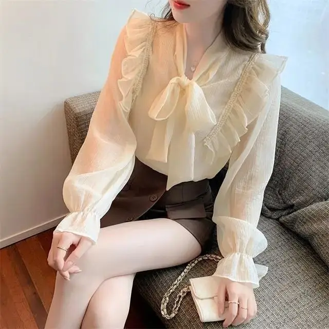 New Style Sweet Lace Up Chiffon Shirt with Female Design Niche and Western-style Ruffle Edge Bow Top