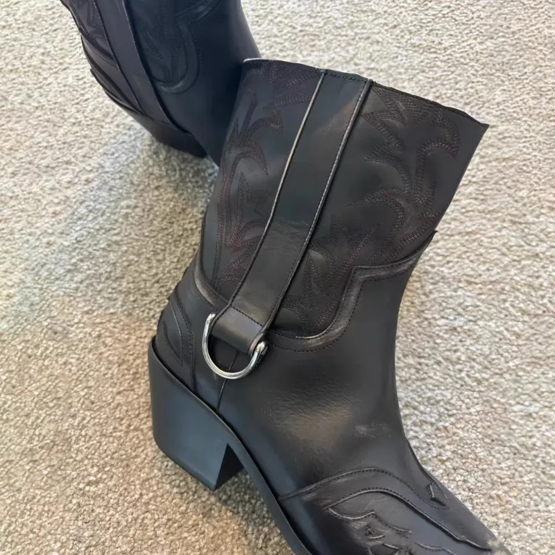 Retro Bla Embroidered Totem Chelsea ort Boots Men's Rough Heel Ear Decoration Western Cowboy Boots arp Pointed Toe