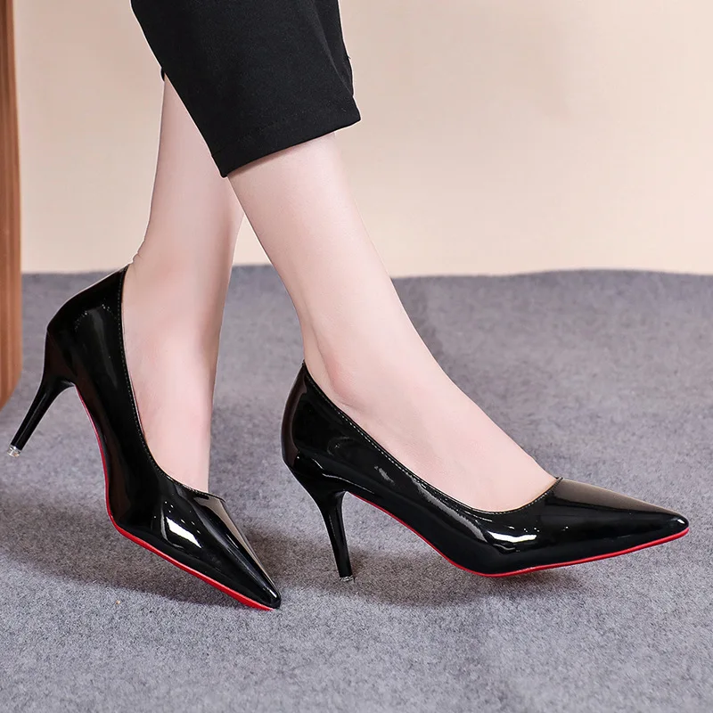 Sexy High Heel Comfort Platform Pumps Spring Fashion patent leather Solid Black Shoes Woman Soft  Waterproof Single Shoes Large