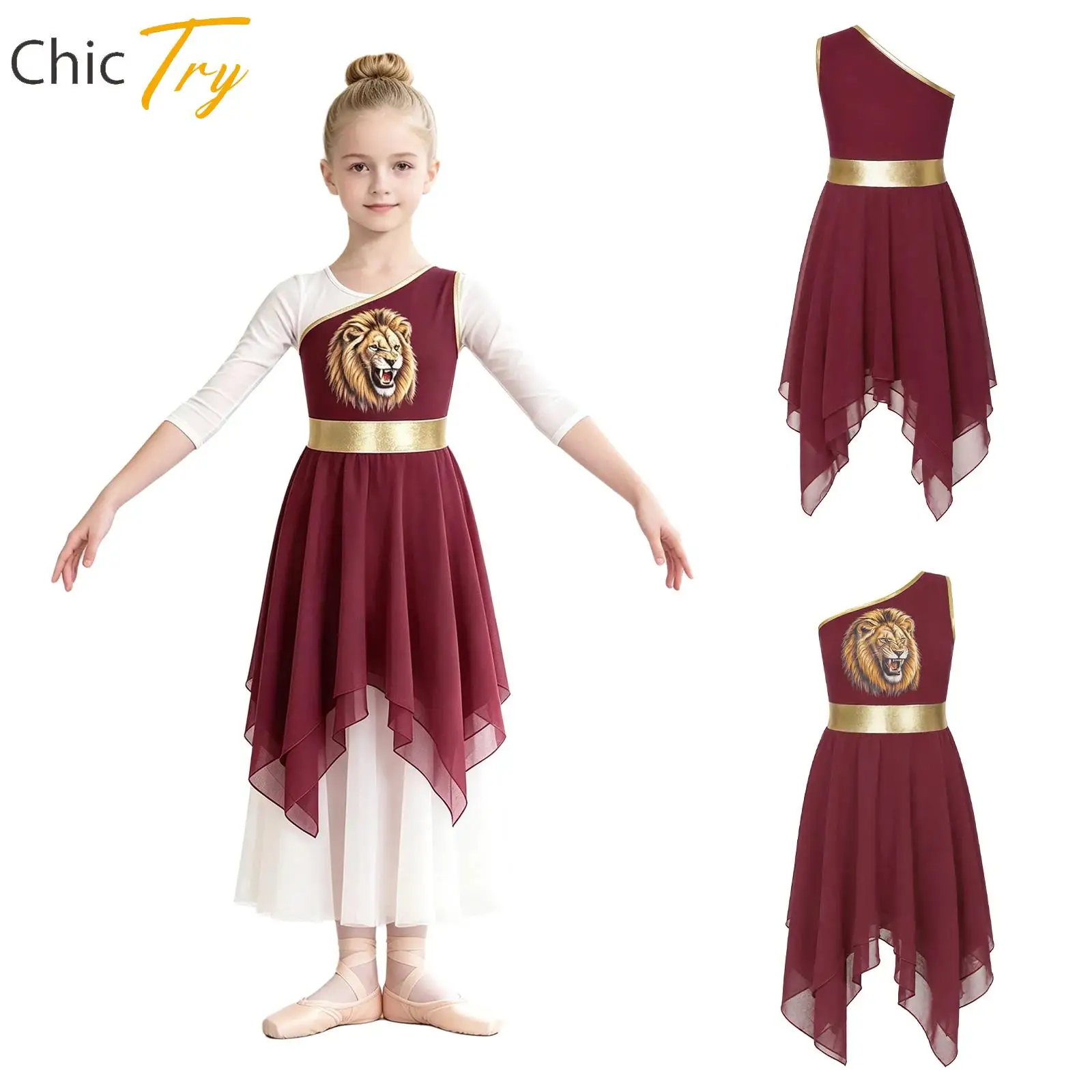 Mädchen-Lobgesangstanzkleid, One-Shoulder, lockere Passform, Kirchen-Tanzkleidung, metallisch, bodenlang, liturgisches Gottesdienstkostüm, Tanzkleid