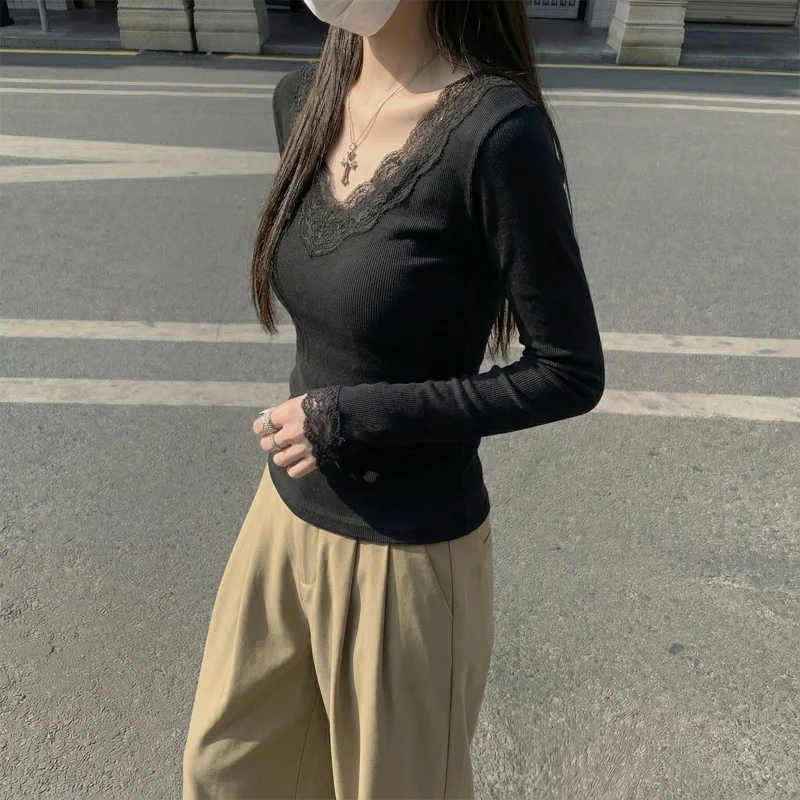 2026 Herbst Winter Damen T-Shirt V-Ausschnitt Spitzen-Top Weich Hautfreundlich Fleece-Gefüttert Langarm Thermo-T-Shirt für Layering – Detail 6