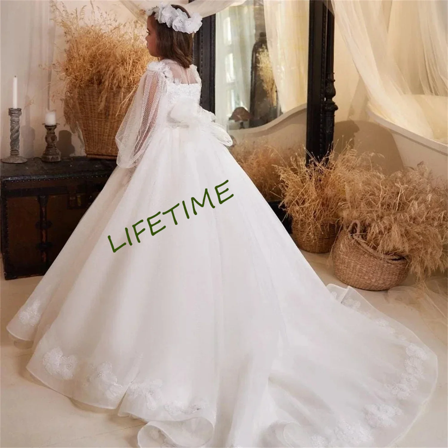 

Flower Girl Dress For Wedding Full Sleeve Tulle Lace With Bow Applique White Elegant Child First Eucharistic Birthday Party Gown