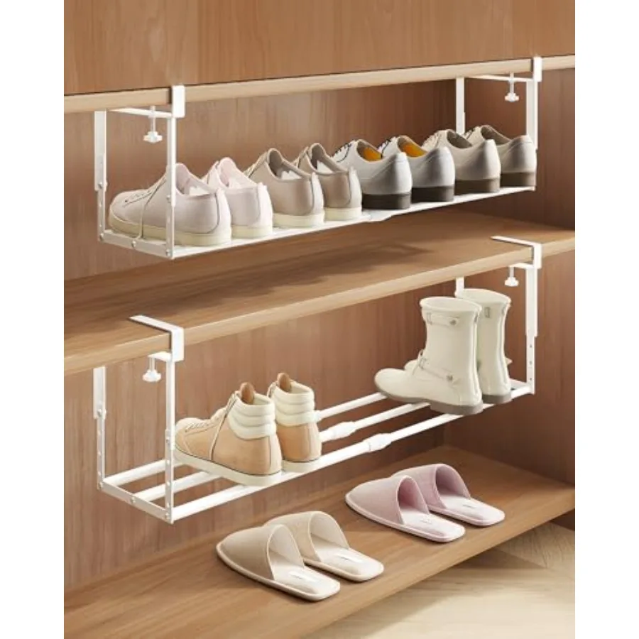 

2 Pack Expandable Shoe Rack Organizer for Cabinet, Adjustable Hanging Under Shelf Storage, Sturdy Round Tube Design, Space Savi