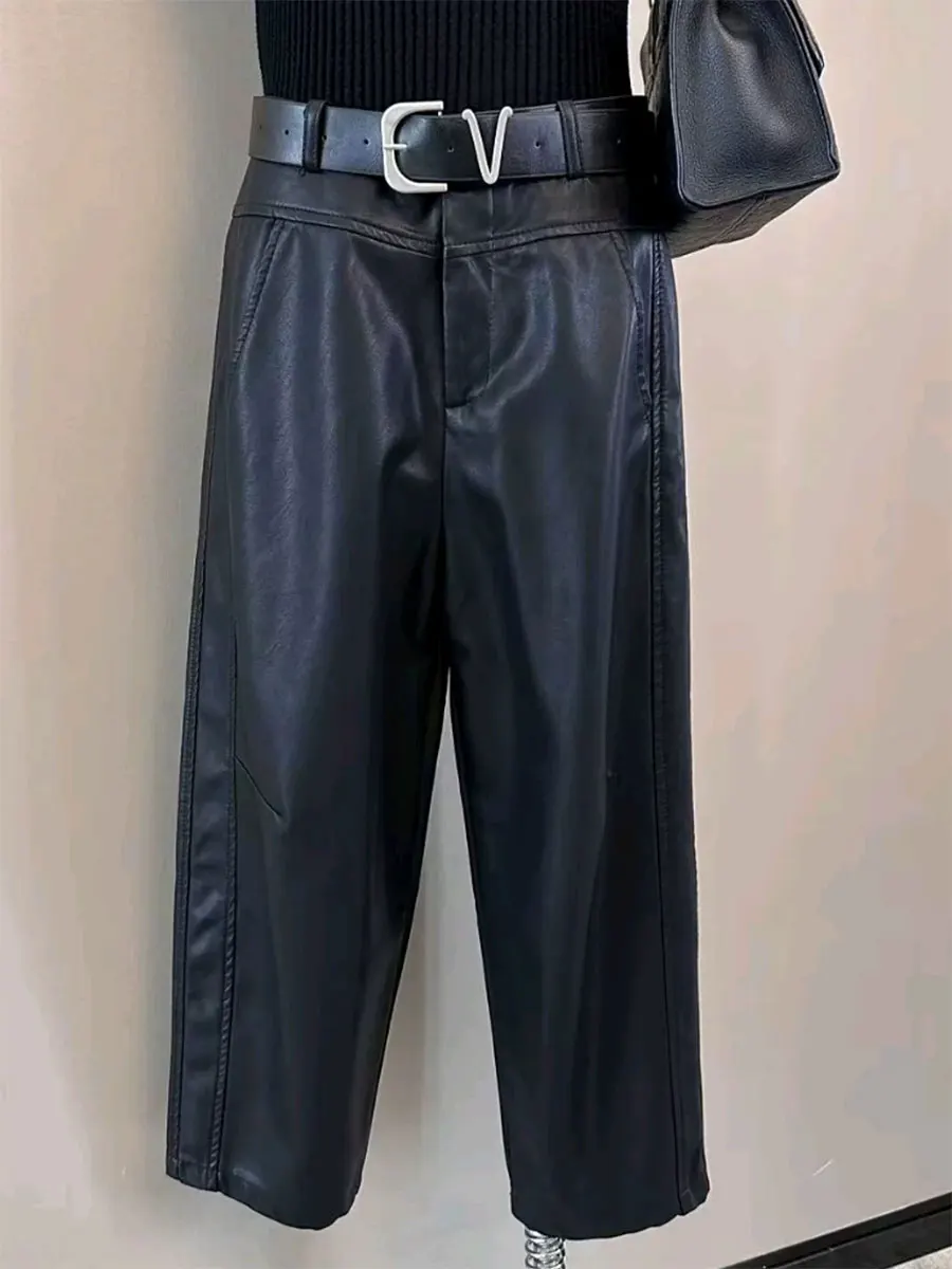 

High Waist Straight Leg Knife Pants Women's plus Size Draped Slimming Dad Sle Belted Fce Wide Leg Leather Pants